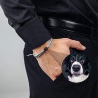 Thumbnail for Man Grey Photo Bracelet worn by a man with a photo of a dog, designed by Brother & Sisters for cherished memories.