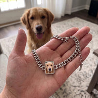 Thumbnail for Customer photo: the silver cushion-cut bracelet with her golden retriever's photo, her dog in the background | SKU: TPH-CUSB-SILVER