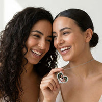 Thumbnail for Two sisters laughing over their childhood photo hidden in the silver heart necklace | SKU: TPH-HRTN-SILVER