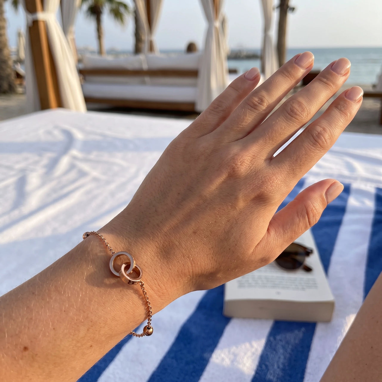 Rose gold bracelet worn, showing its real size | SKU: 25535339-rose-gold