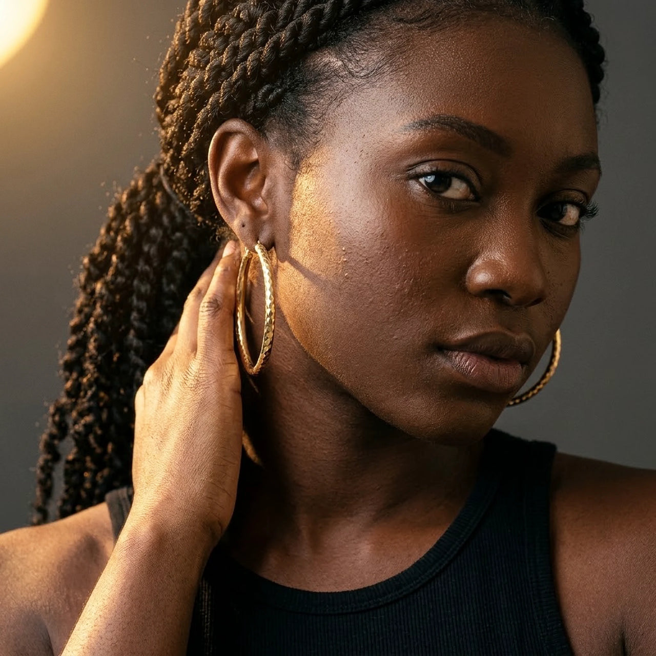 Diamond Cut Statement Hoops in Gold, studio portrait | SKU: 41009-gold