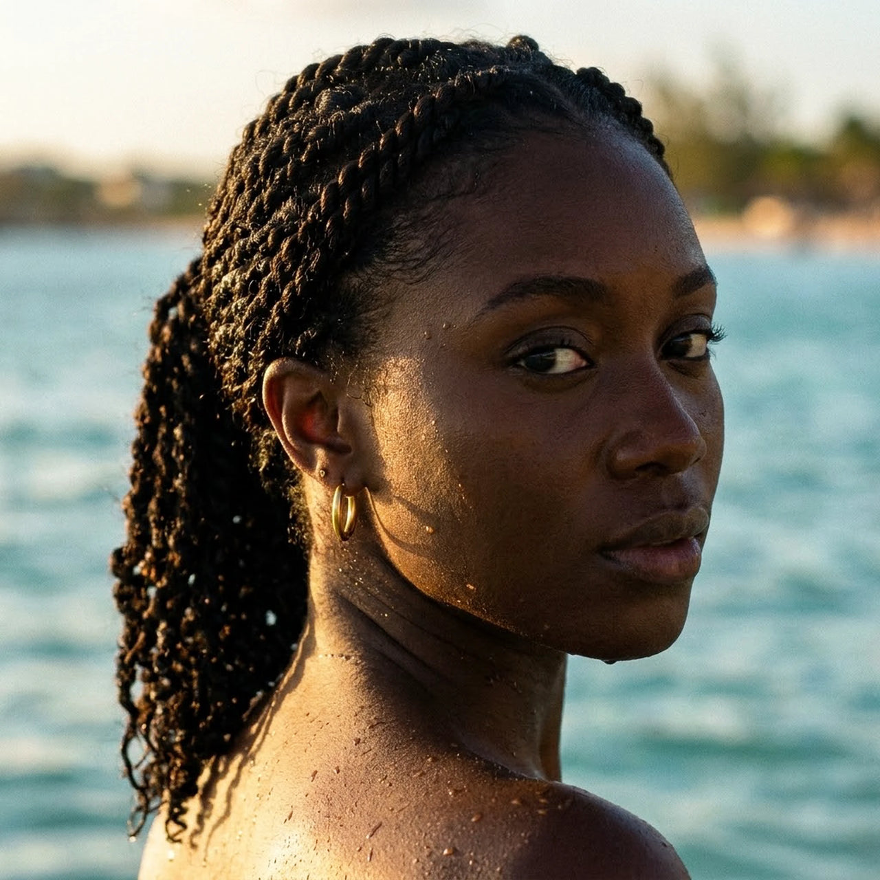 Everyday Waterproof Hoops in Gold, worn in the sea, wet skin | SKU: 41001-gold