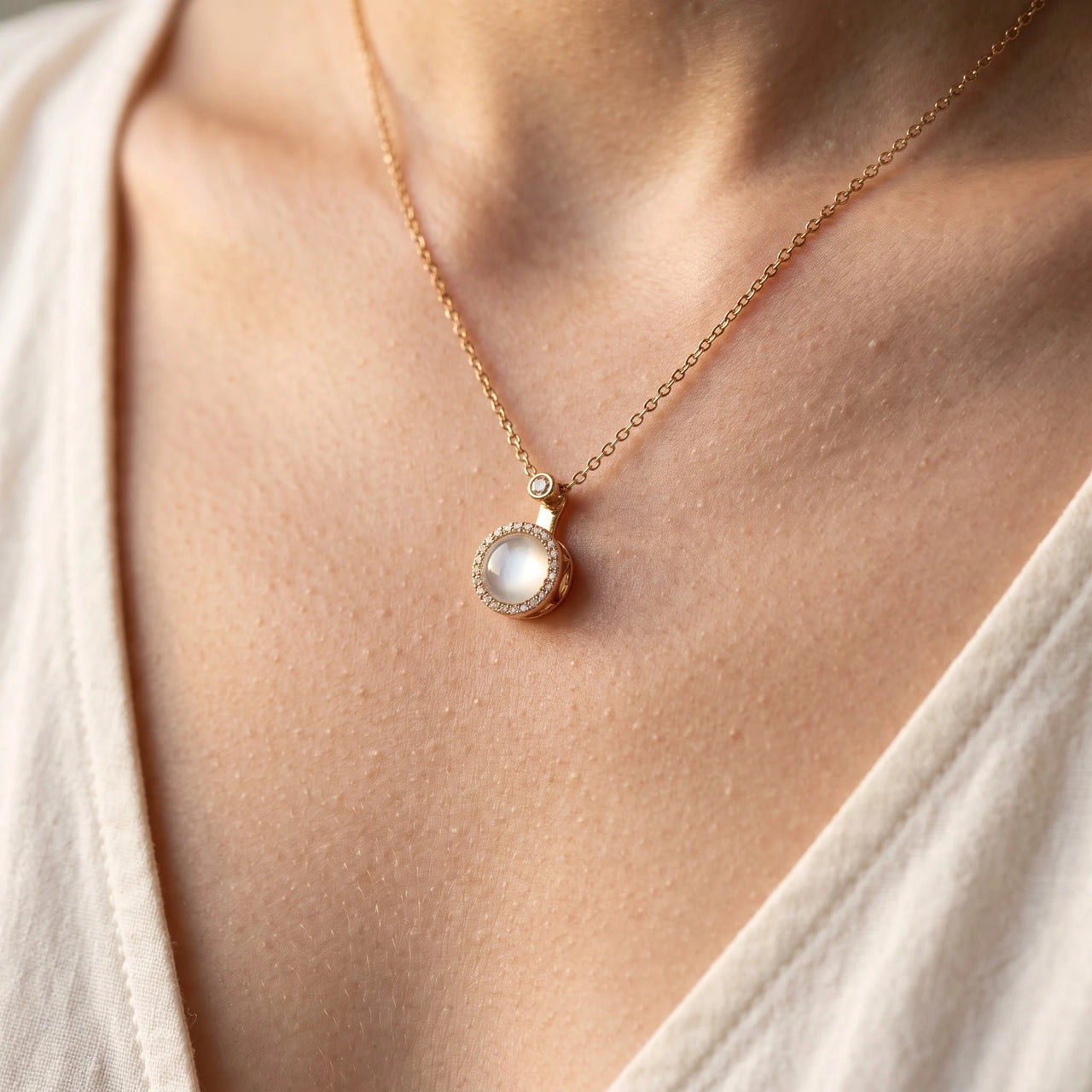 Pendentif pierre de lune — gros plan sur les détails, or | SKU: lelunaire