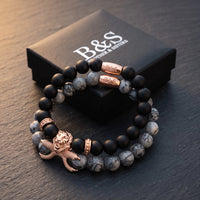 Thumbnail for Rose Gold Lion with Black & Grey Stones Set – in the Brother & Sisters gift box | Brother & Sisters | SKU: 21369621-rose-gold-XS-14-15, 21369621-rose-gold-S-16-17, 21369621-rose-gold-M-18-19, 21369621-rose-gold-L-20-21, 21369621-rose-gold-XL-22-23