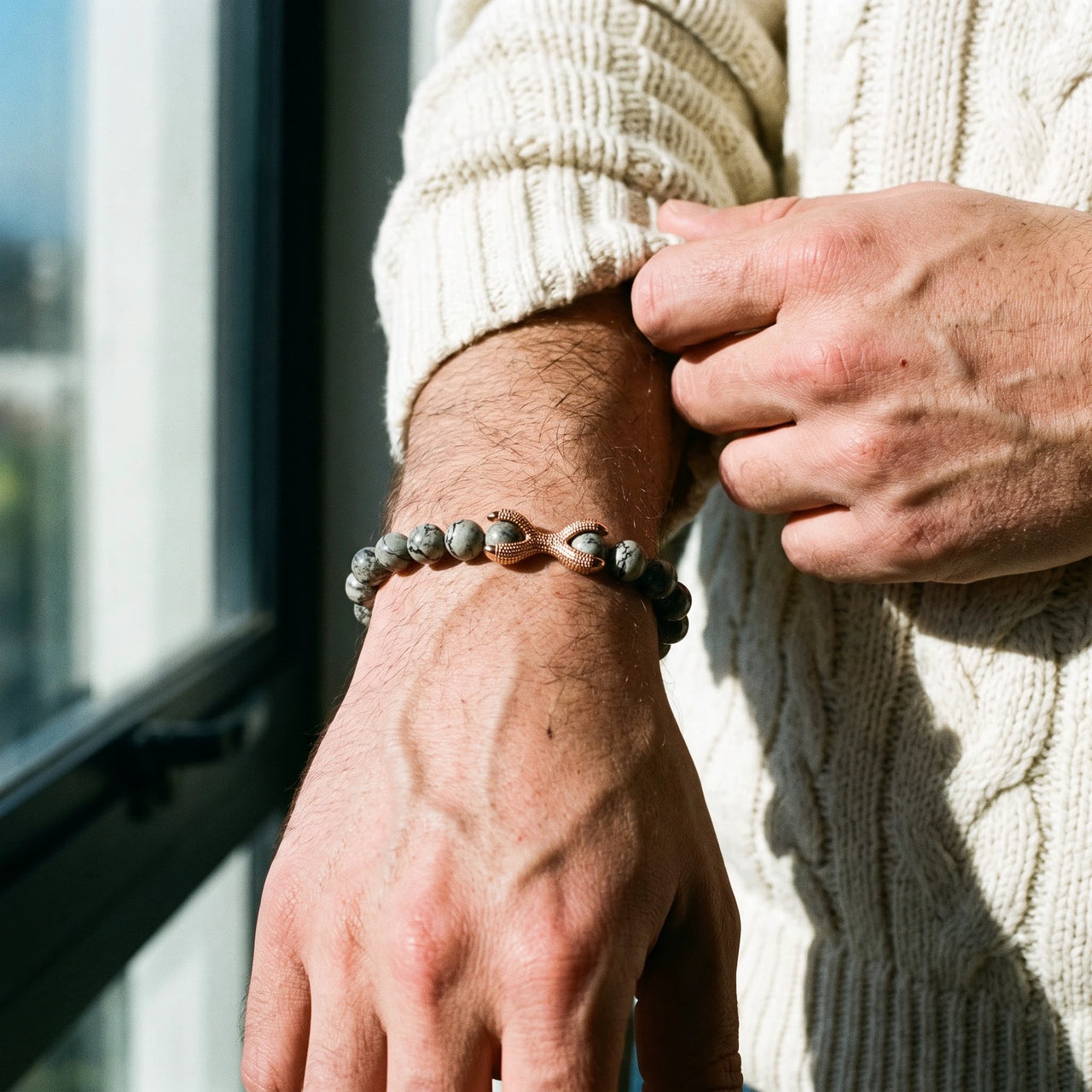 Rose Gold Viking & Grey Stones – pushing up a knit sleeve | Brother & Sisters | SKU: 21039839-rose-gold-XS-14-15, 21039839-rose-gold-S-16-17, 21039839-rose-gold-M-18-19, 21039839-rose-gold-L-20-21, 21039839-rose-gold-XL-22-23