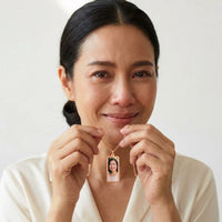 Thumbnail for Woman moved as she looks at her late mother's photo in the rose gold bar necklace | SKU: TPH-BARN-ROSEGOLD