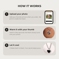 Thumbnail for How it works: upload your photo, warm the heart with your thumb, let it cool back to black | SKU: TPH-CHTN-SILVER-SMALL