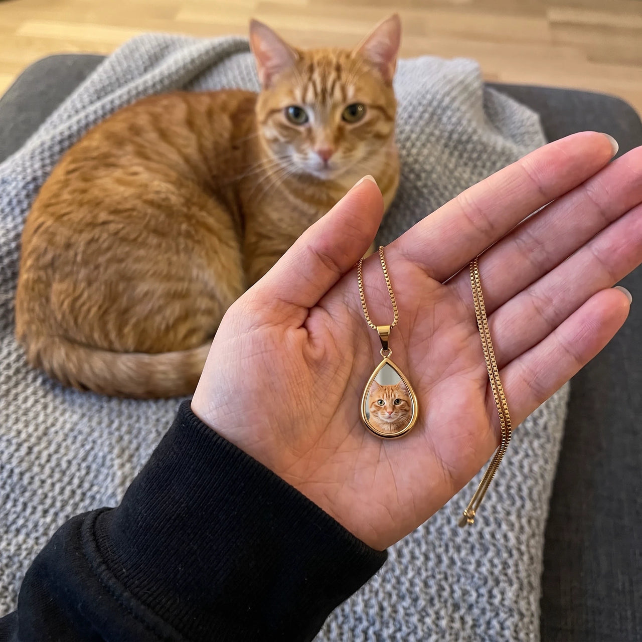 Customer photo: the gold drop photo necklace with her cat's photo, her cat in the background | SKU: TPH-DRPN-GOLD