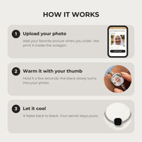 Thumbnail for How it works: upload your photo, warm the octagon charm with your thumb, let it cool back to black | SKU: TPH-OCTB-SILVER-18
