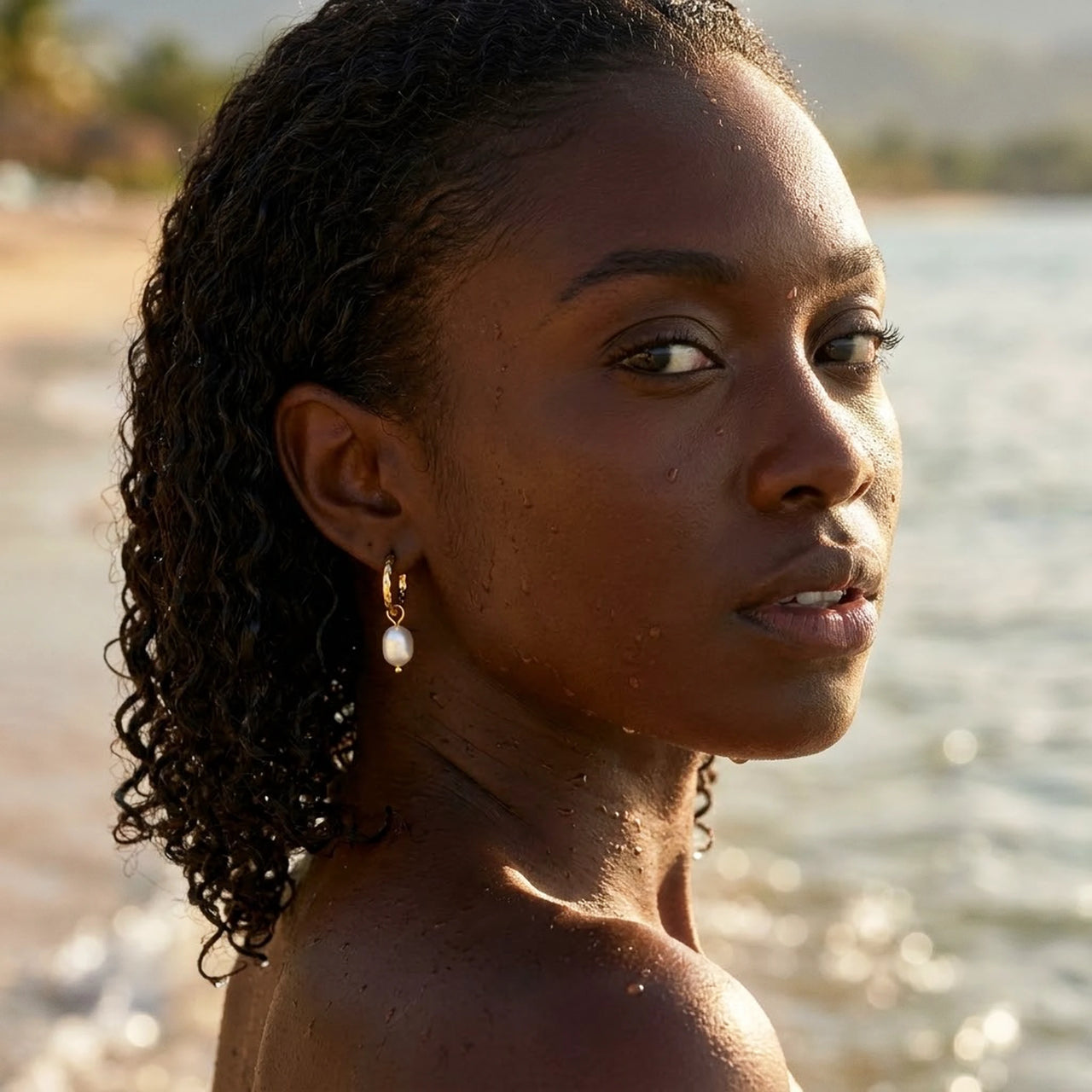 Twisted Pearl Drop Hoops in Gold, worn in the sea, wet skin | SKU: 41004-gold