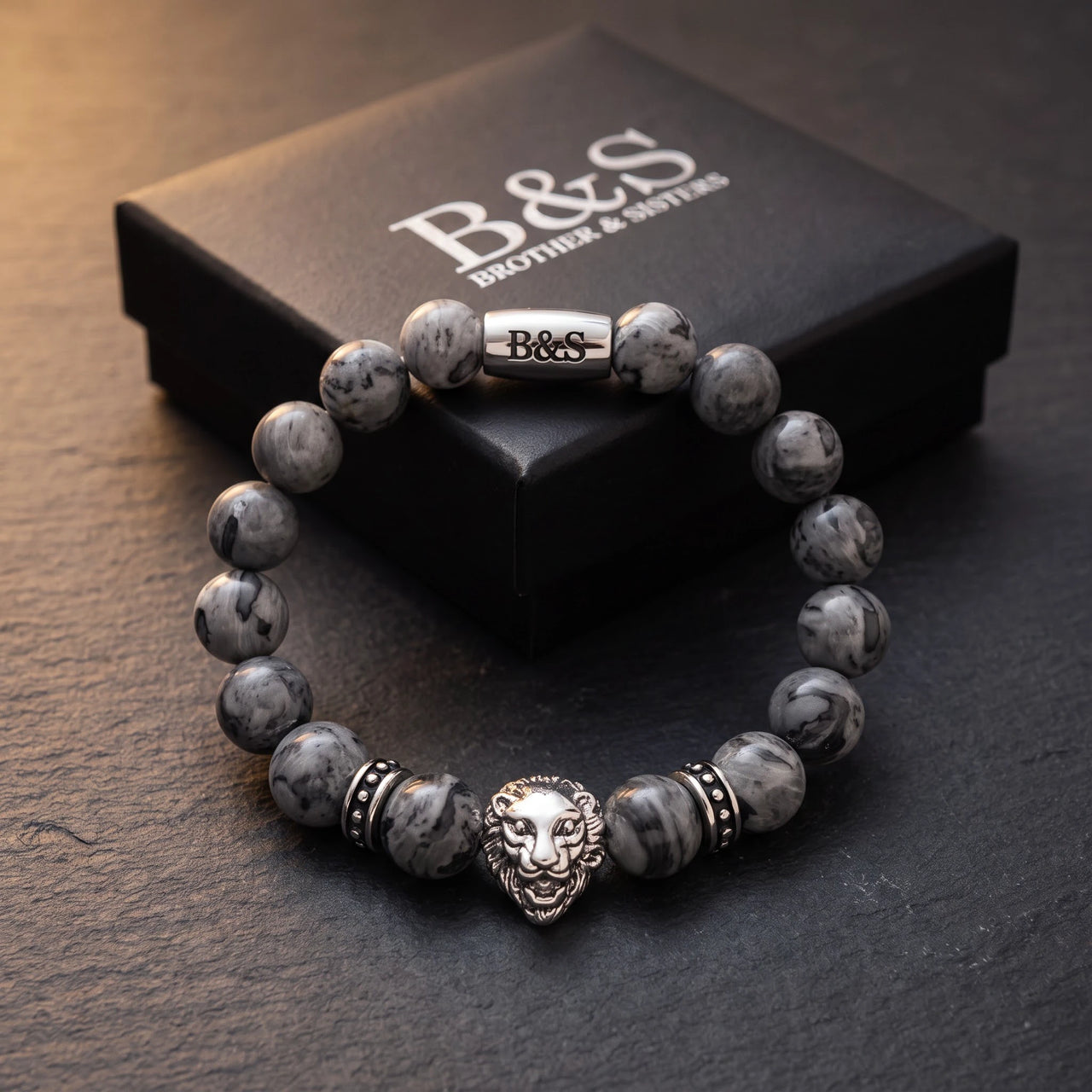 White Gold Lion & Grey Stones Bracelet – in the Brother & Sisters gift box | Brother & Sisters | SKU: 20866222-silver-XS-14-15, 20866222-silver-S-16-17, 20866222-silver-M-18-19, 20866222-silver-L-20-21, 20866222-silver-XL-22-23